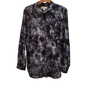 Michael Kors Sheer Metallic Button Up Blouse Women's Medium Career Black Silver